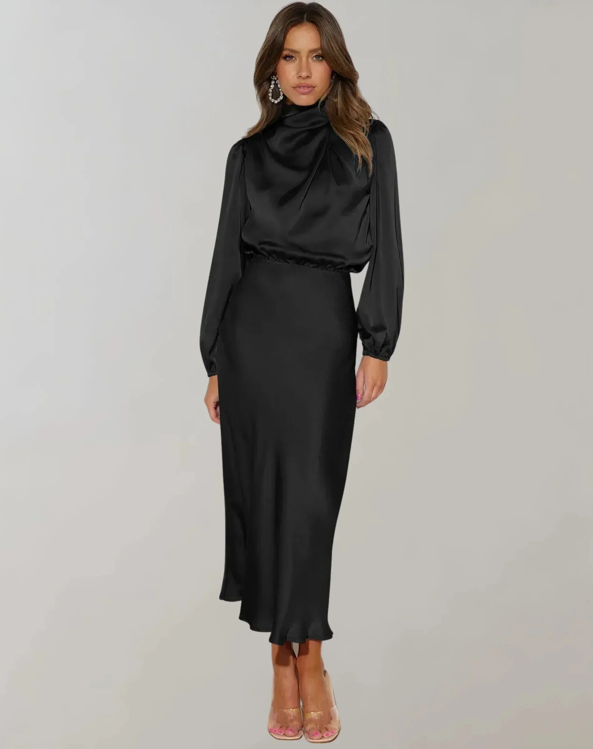 Robe midi femme satinée col drapé manches longues | ROBEMODE