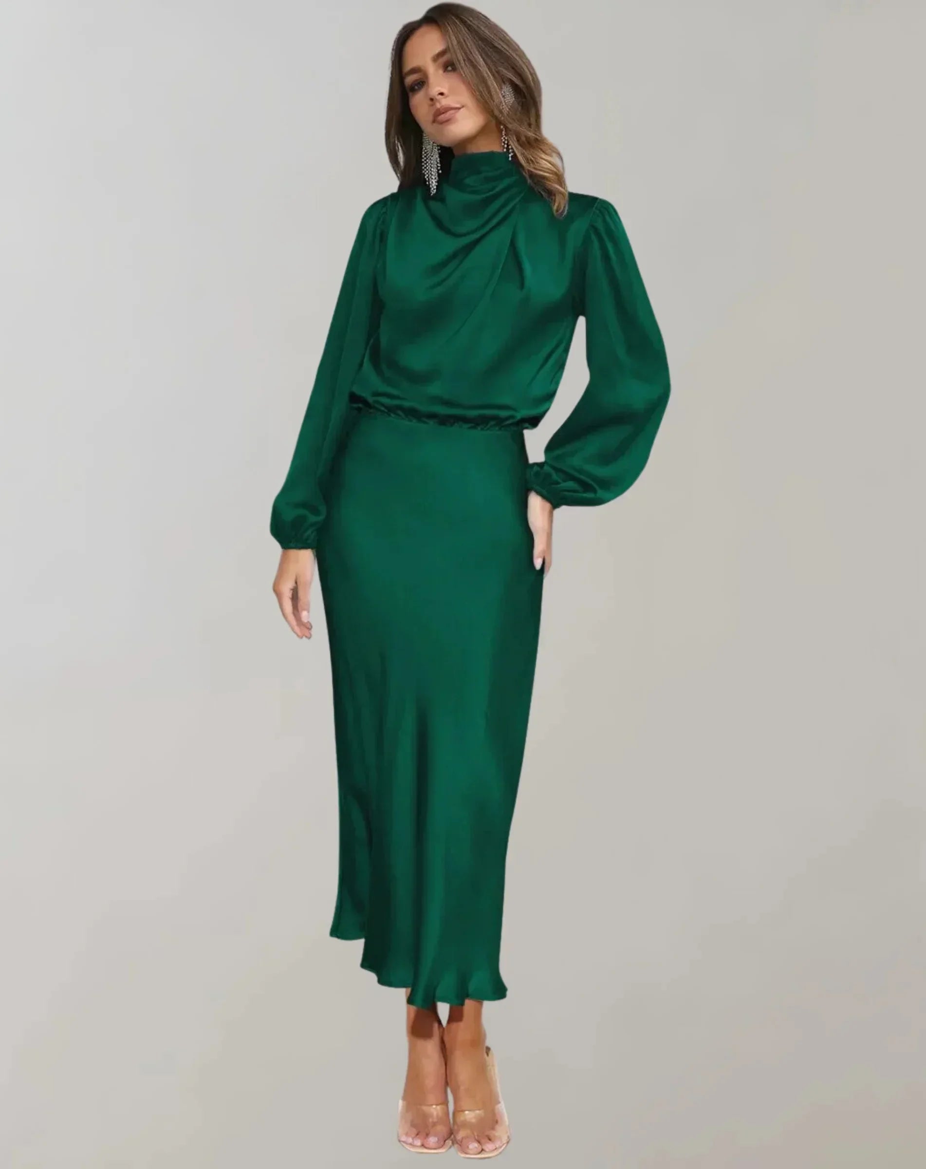 Robe midi femme satinée col drapé manches longues | ROBEMODE