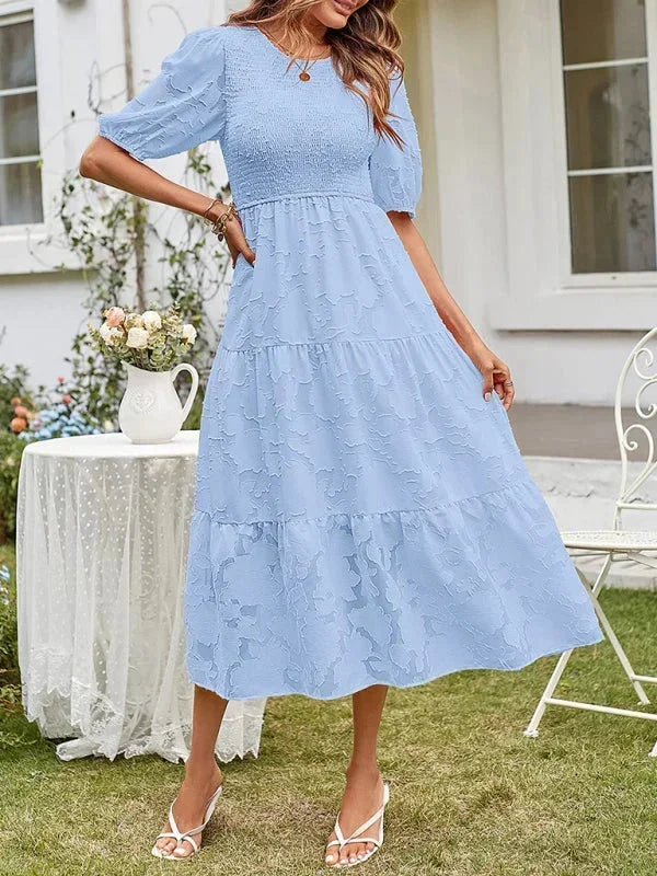 Robe Midi Femme Texturée à Volants Manches Courtes | 4 Coloris + Élégante + S-M | ROBEMODE