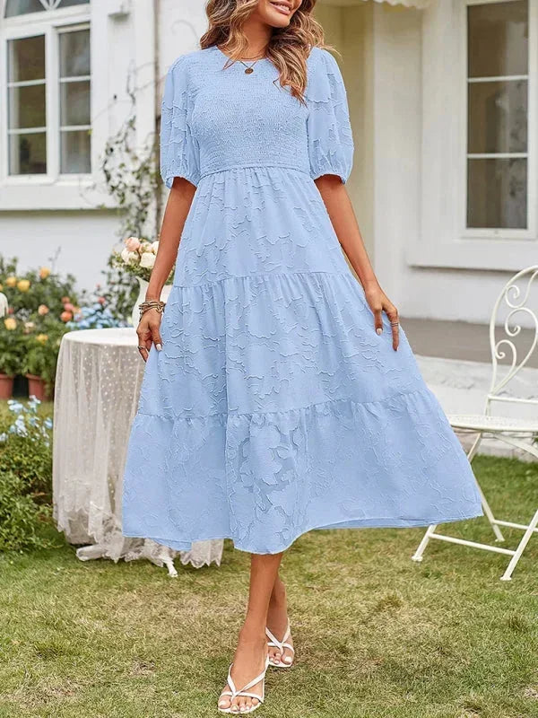 Robe Midi Femme Texturée à Volants Manches Courtes | 4 Coloris + Élégante + S-M | ROBEMODE