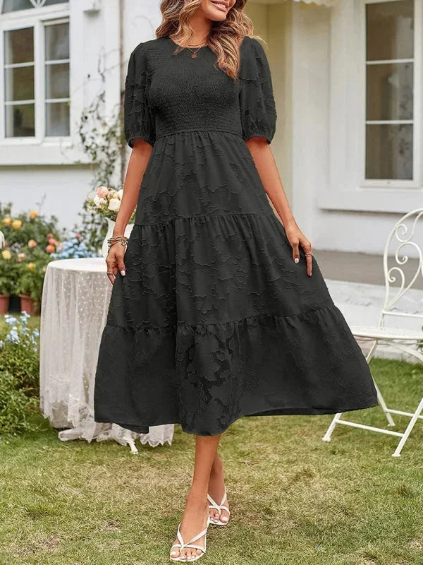 Robe Midi Femme Texturée à Volants Manches Courtes | 4 Coloris + Élégante + S-M | ROBEMODE