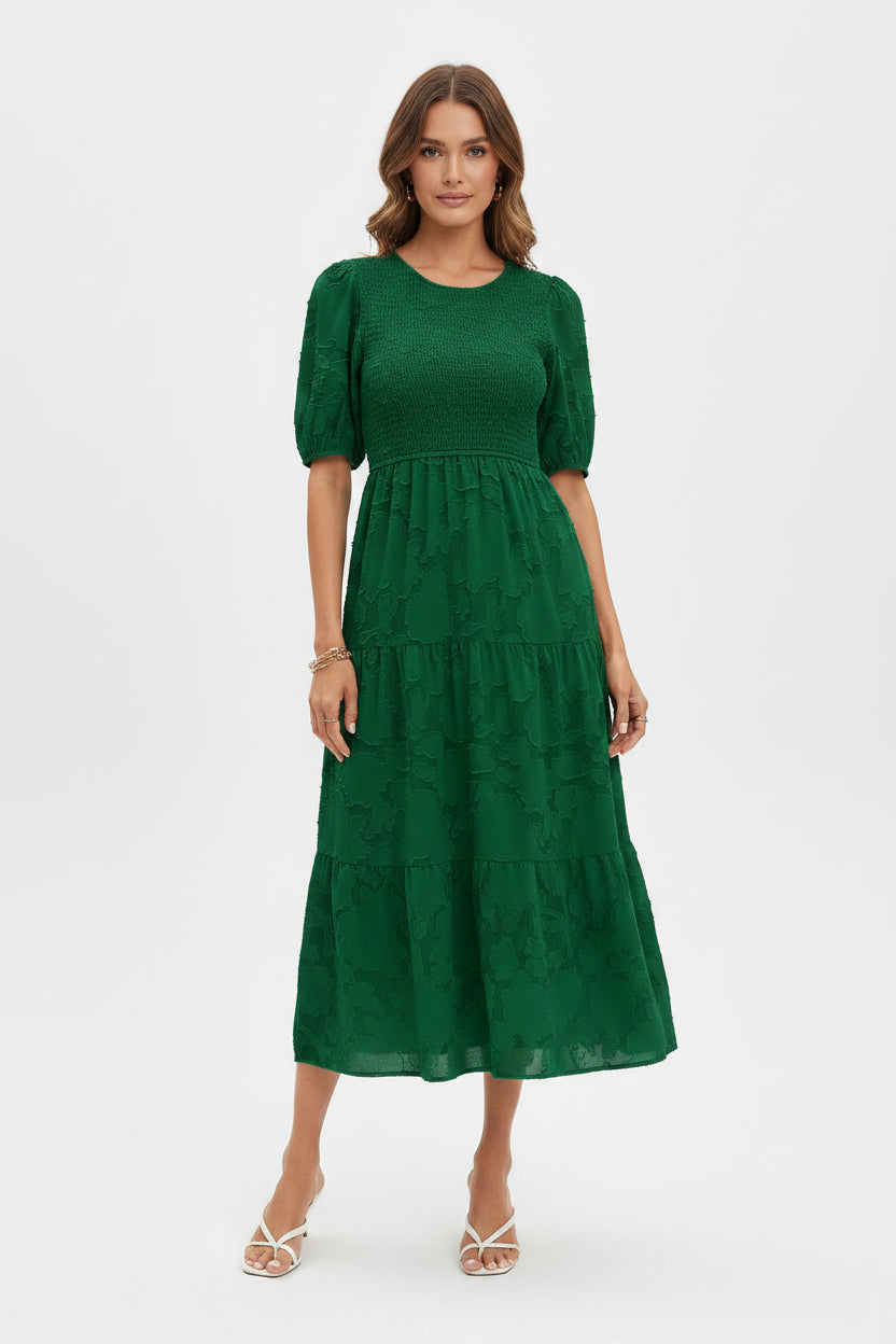 Robe Midi Femme Texturée à Volants Manches Courtes | 4 Coloris + Élégante + S-M | ROBEMODE