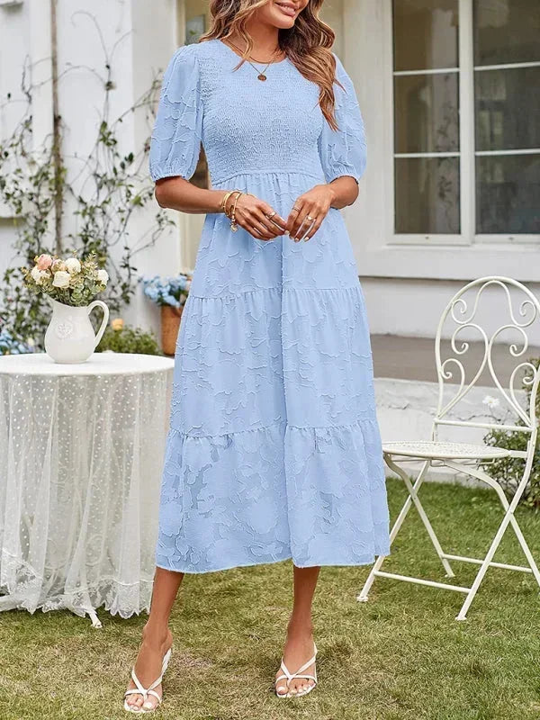Robe Midi Femme Texturée à Volants Manches Courtes | 4 Coloris + Élégante + S-M | ROBEMODE