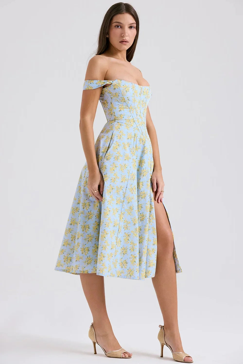 Robe Midi Femme Décolletée Motifs Floraux Fente 2 Coloris | ROBEMODE