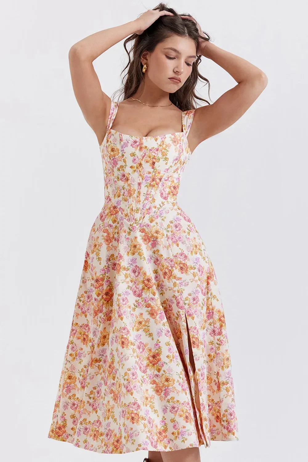 Robe Midi Femme Décolletée Motifs Floraux Fente 2 Coloris | ROBEMODE