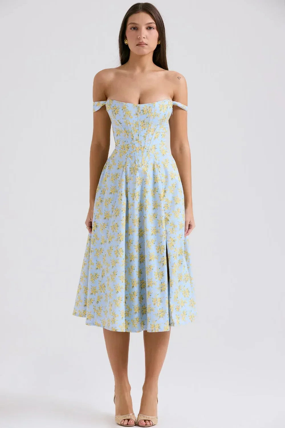 Robe Midi Femme Décolletée Motifs Floraux Fente 2 Coloris | ROBEMODE