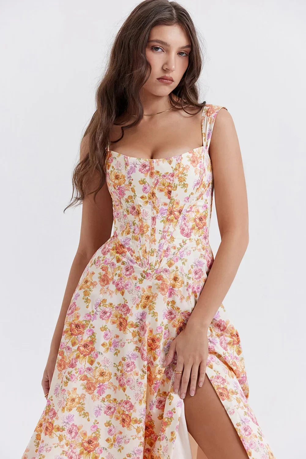 Robe Midi Femme Décolletée Motifs Floraux Fente 2 Coloris | ROBEMODE