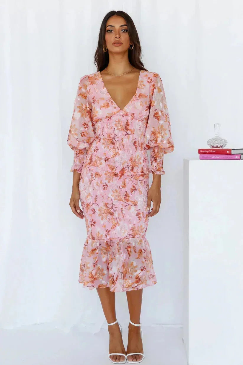Robe midi femme imprimé floral manches longues volantées | ROBEMODE