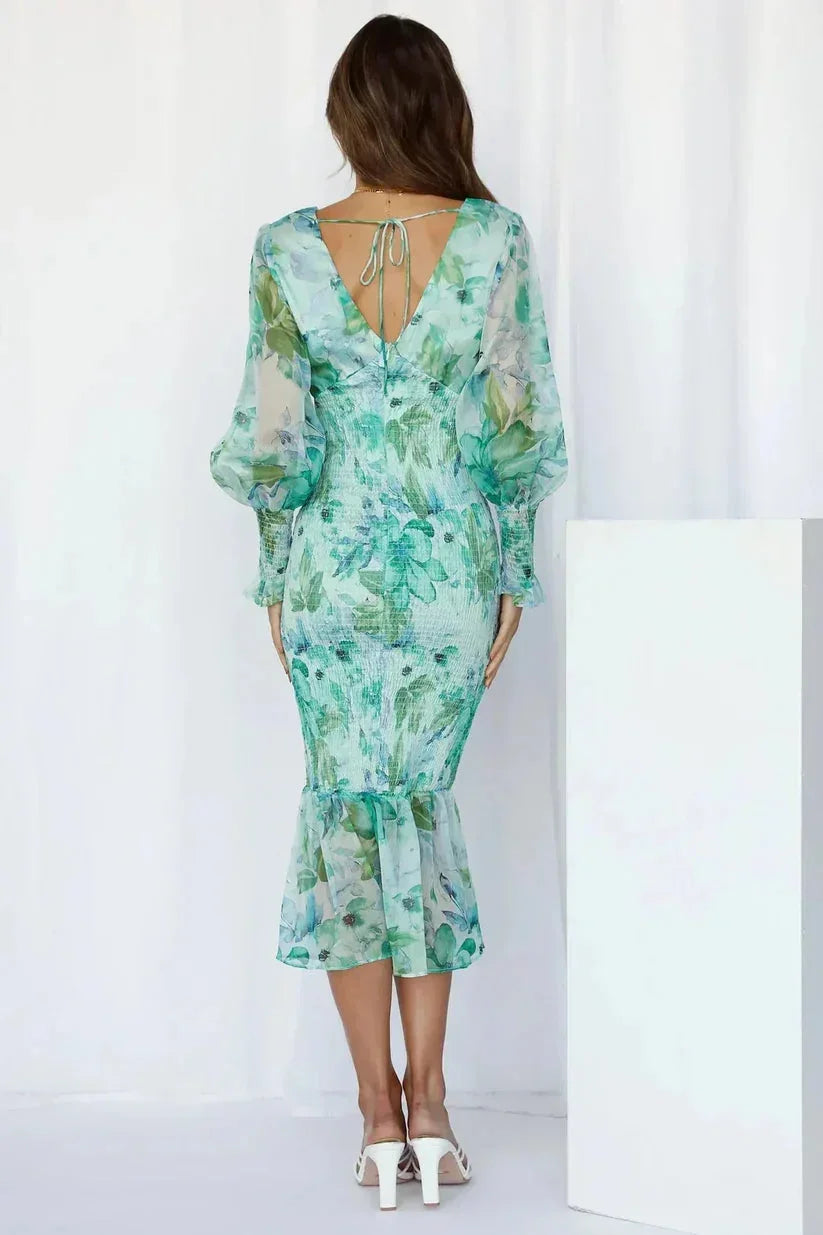 Robe midi femme imprimé floral manches longues volantées | ROBEMODE