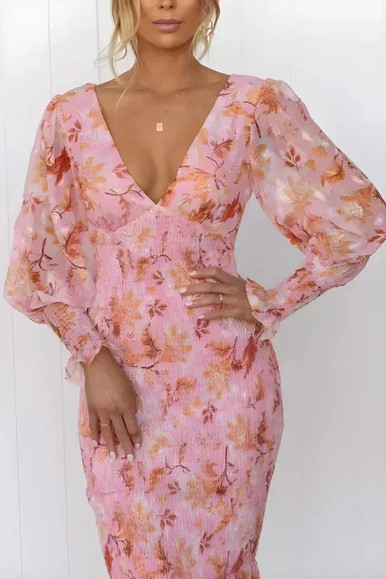 Robe midi femme imprimé floral manches longues volantées | ROBEMODE