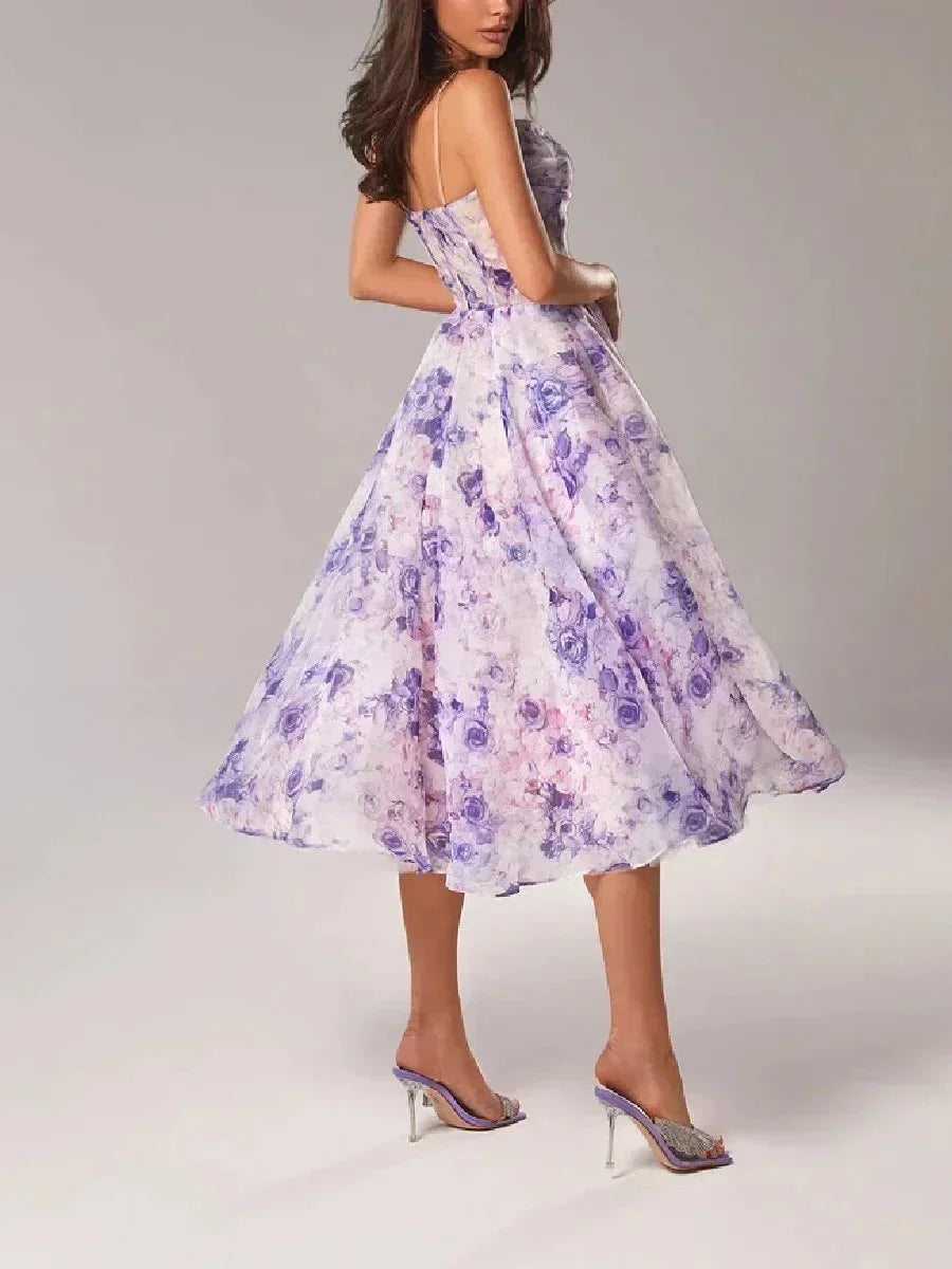 Robe midi femme fluide à imprimé floral bretelles fines