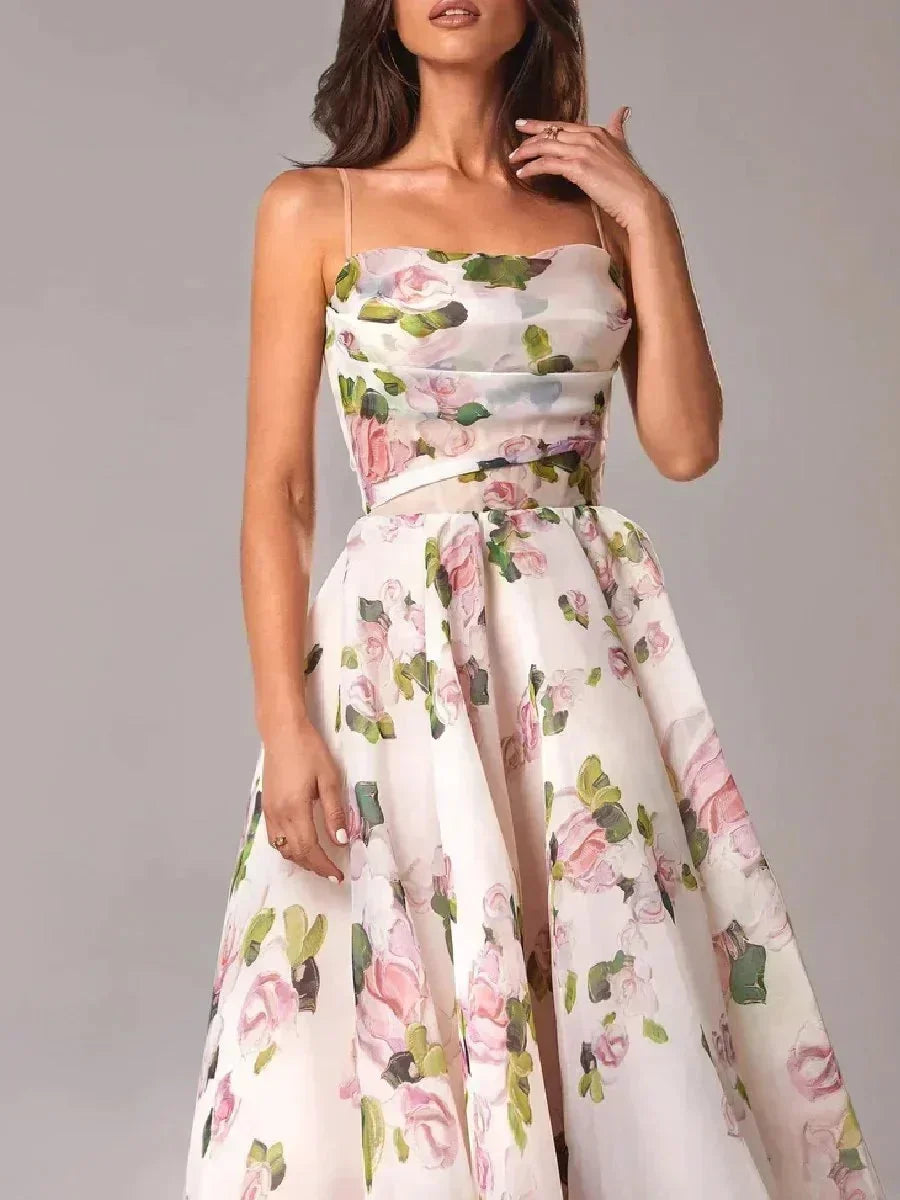 Robe Midi Femme Fluide Imprimé Floral Bretelles Fines Printemps | ROBEMODE