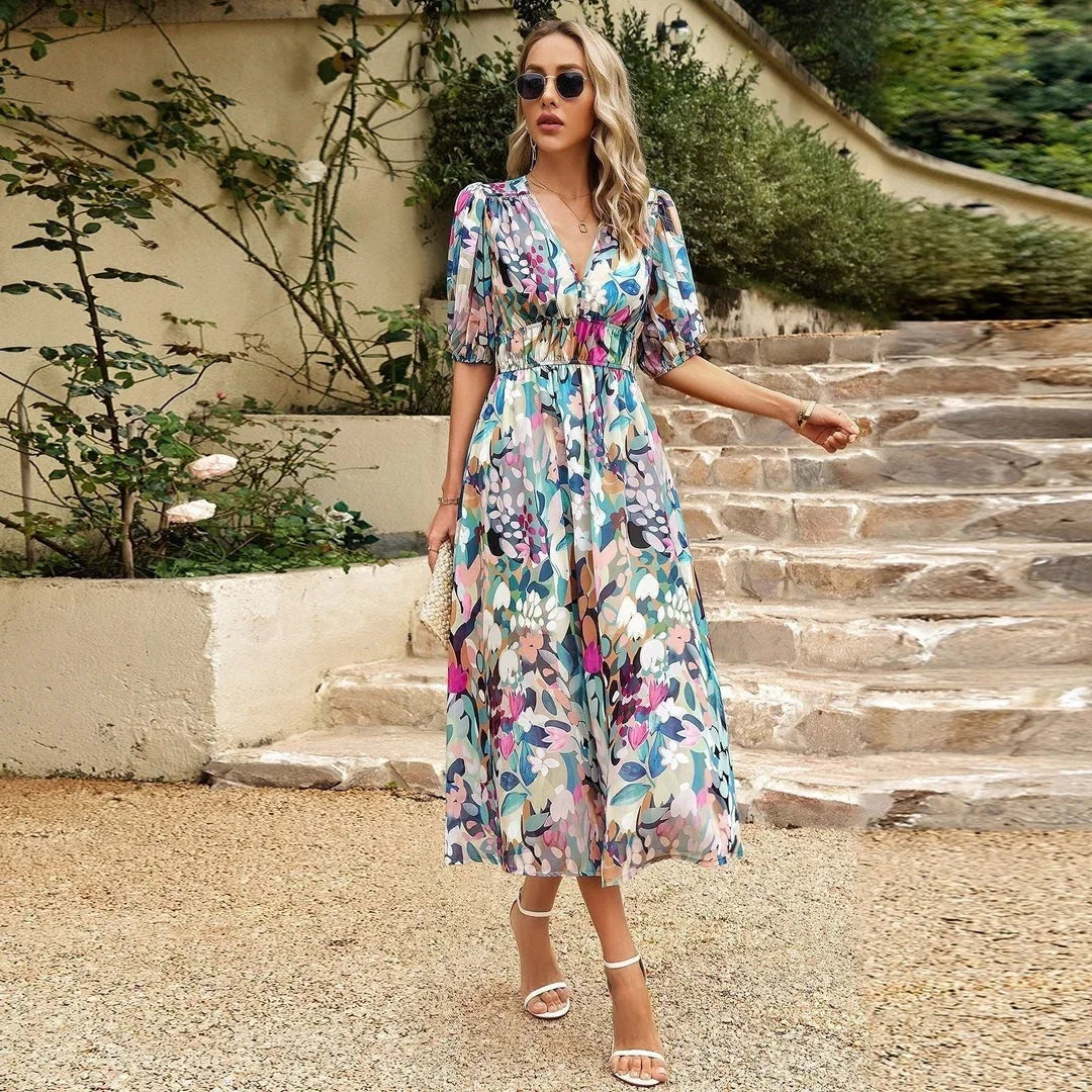 Robe Midi Imprimé Floral Col V Manches Courtes | ROBEMODE