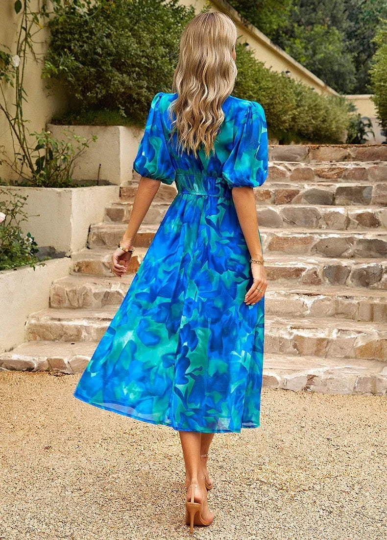 Robe Midi Imprimé Floral Col V Manches Courtes | ROBEMODE