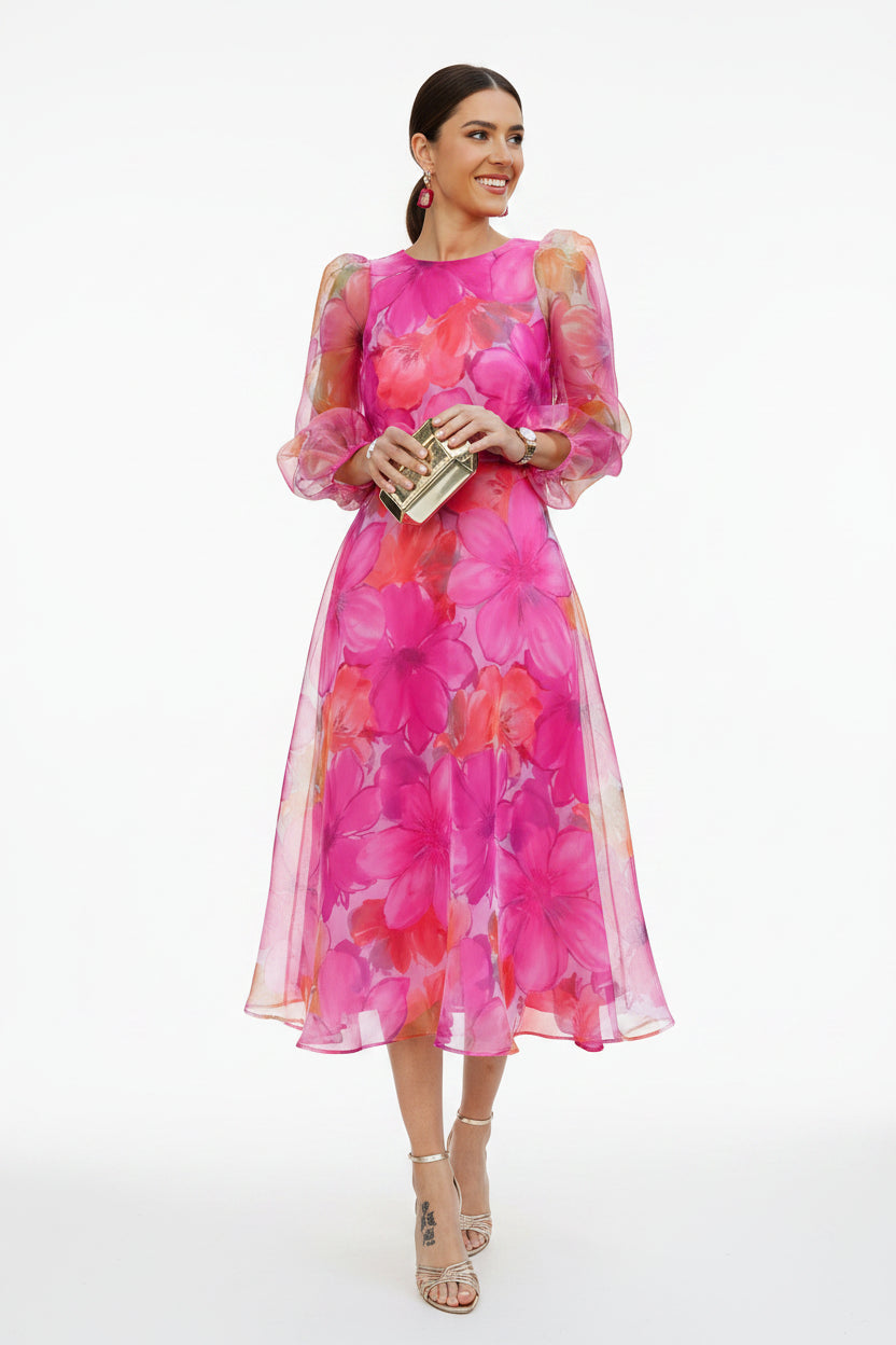 Robe Midi Florale Femme Manches Transparentes | Tissu Léger Invitée Mariage | ROBEMODE