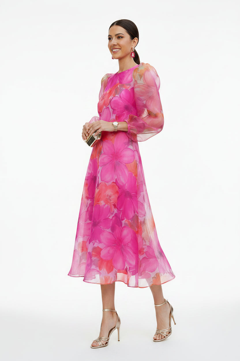 Robe Midi Florale Femme Manches Transparentes | Tissu Léger Invitée Mariage | ROBEMODE