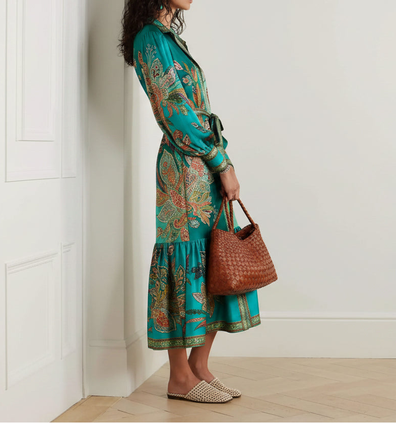 Robe midi fluide femme imprimée avec col revers | ROBEMODE