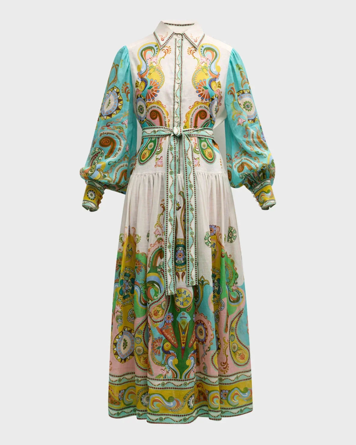 Robe Midi Imprimé Paisley Manches Bouffantes Ceinturée | ROBEMODE