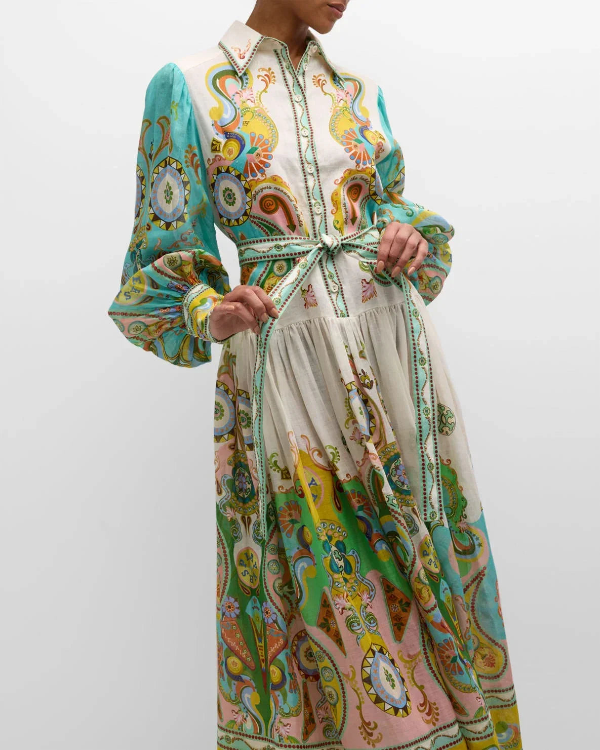 Robe Midi Imprimé Paisley Manches Bouffantes Ceinturée | ROBEMODE