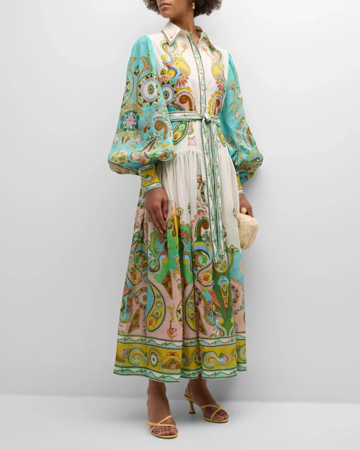 Robe Midi Imprimé Paisley Manches Bouffantes Ceinturée | ROBEMODE