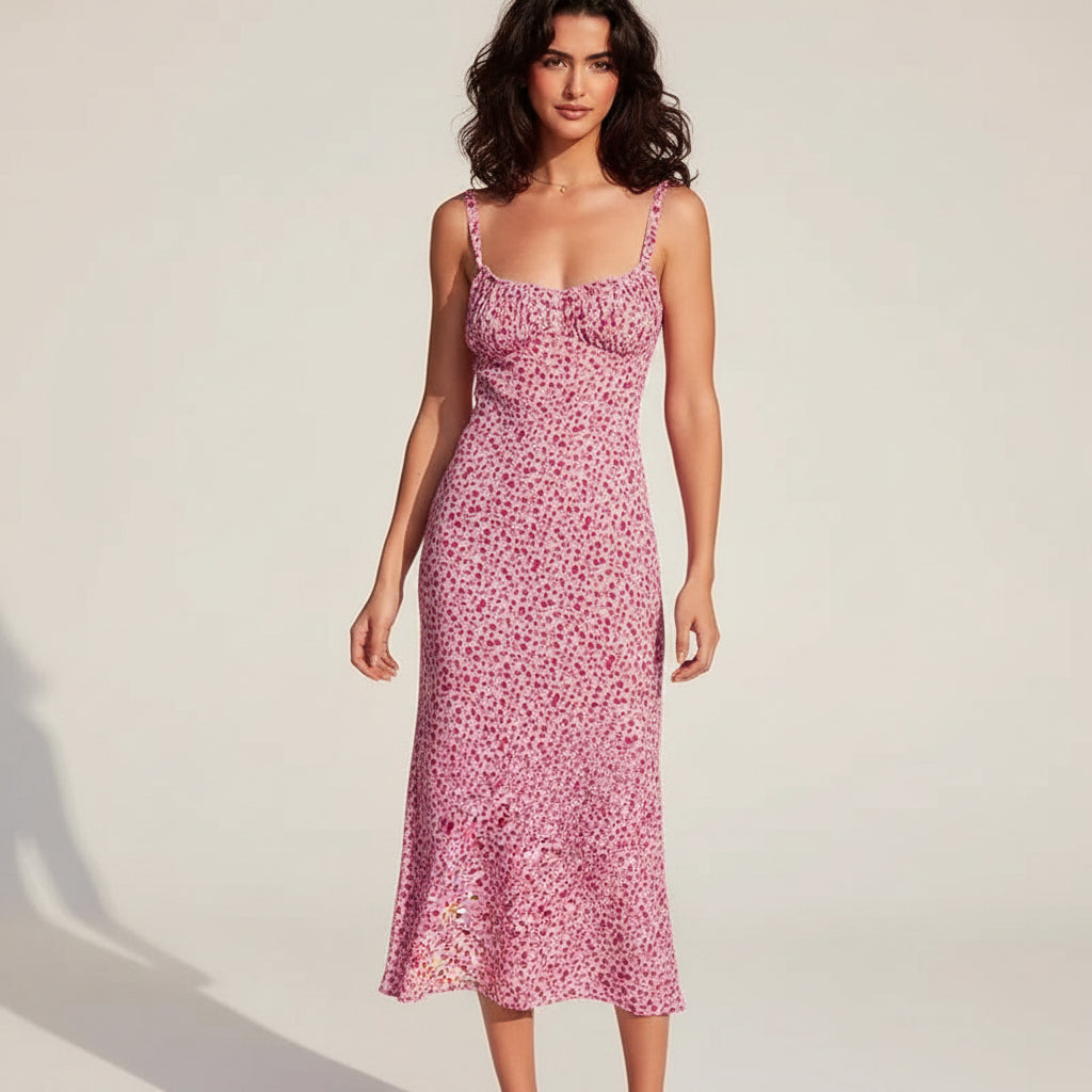 Robe midi fleurs roses col cœur bretelles été | Coupe féminine + Style élégant + Facile à accessoiriser – ROBEMODE