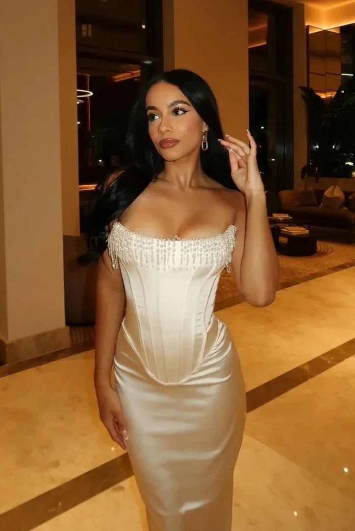 Robe bustier midi ivoire avec perles soirée