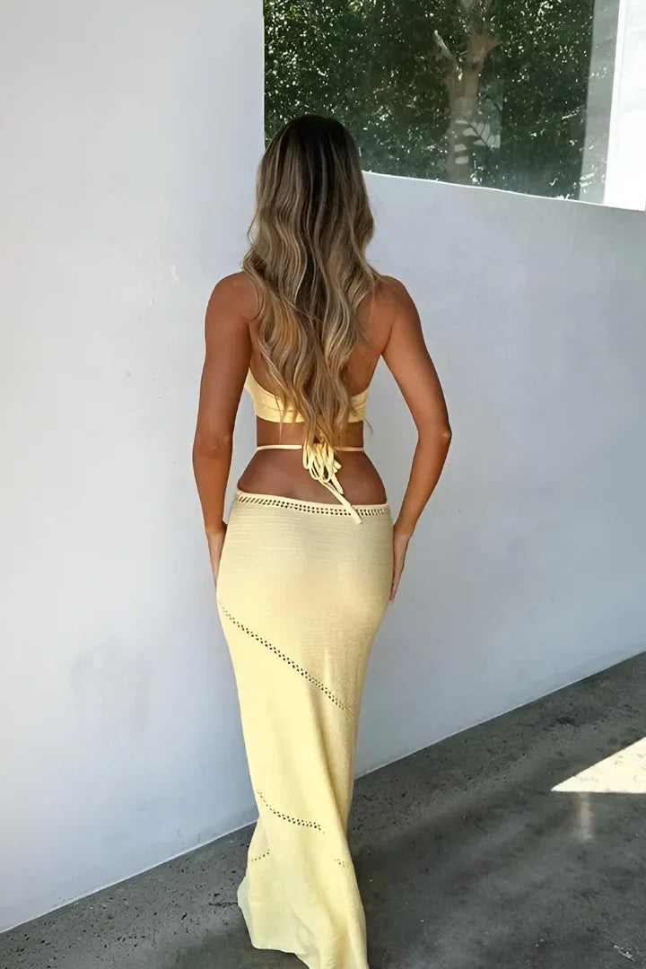 Robe longue femme jaune crochet découpes dos nu | ROBEMODE