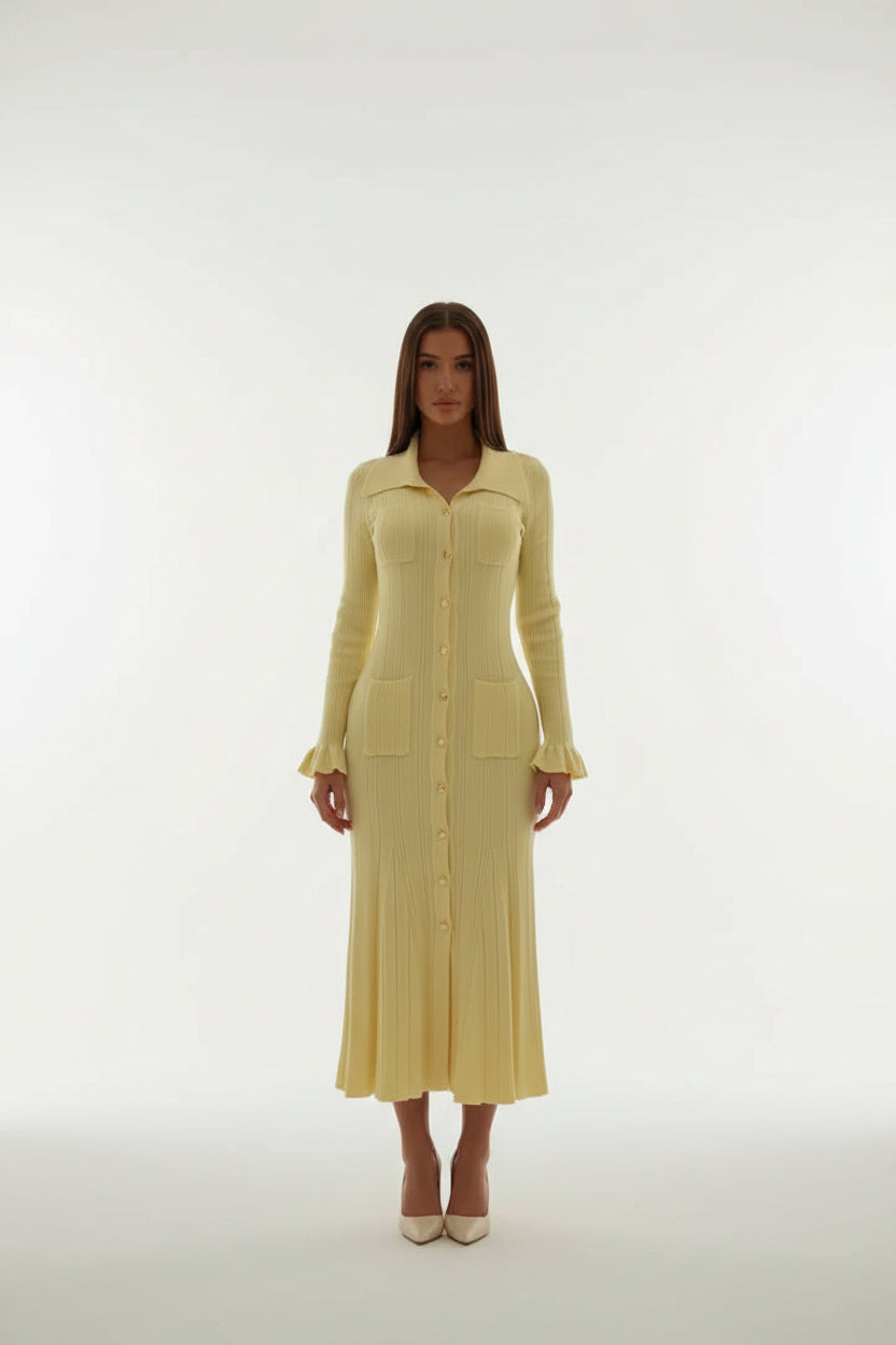 Robe Midi Élégante Boutons Col Chemise Manches Longues Femme | ROBEMODE