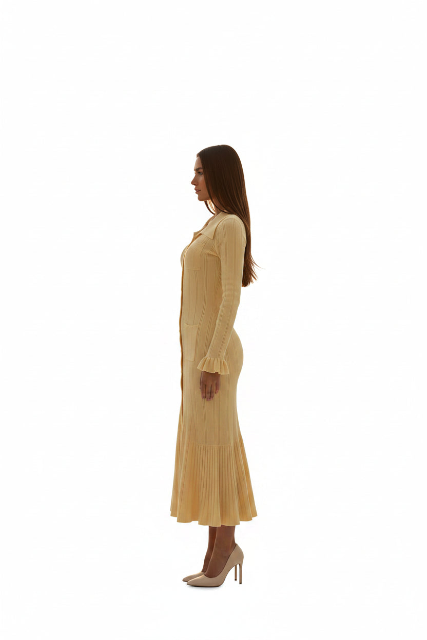 Robe Midi Élégante Boutons Col Chemise Manches Longues Femme | ROBEMODE