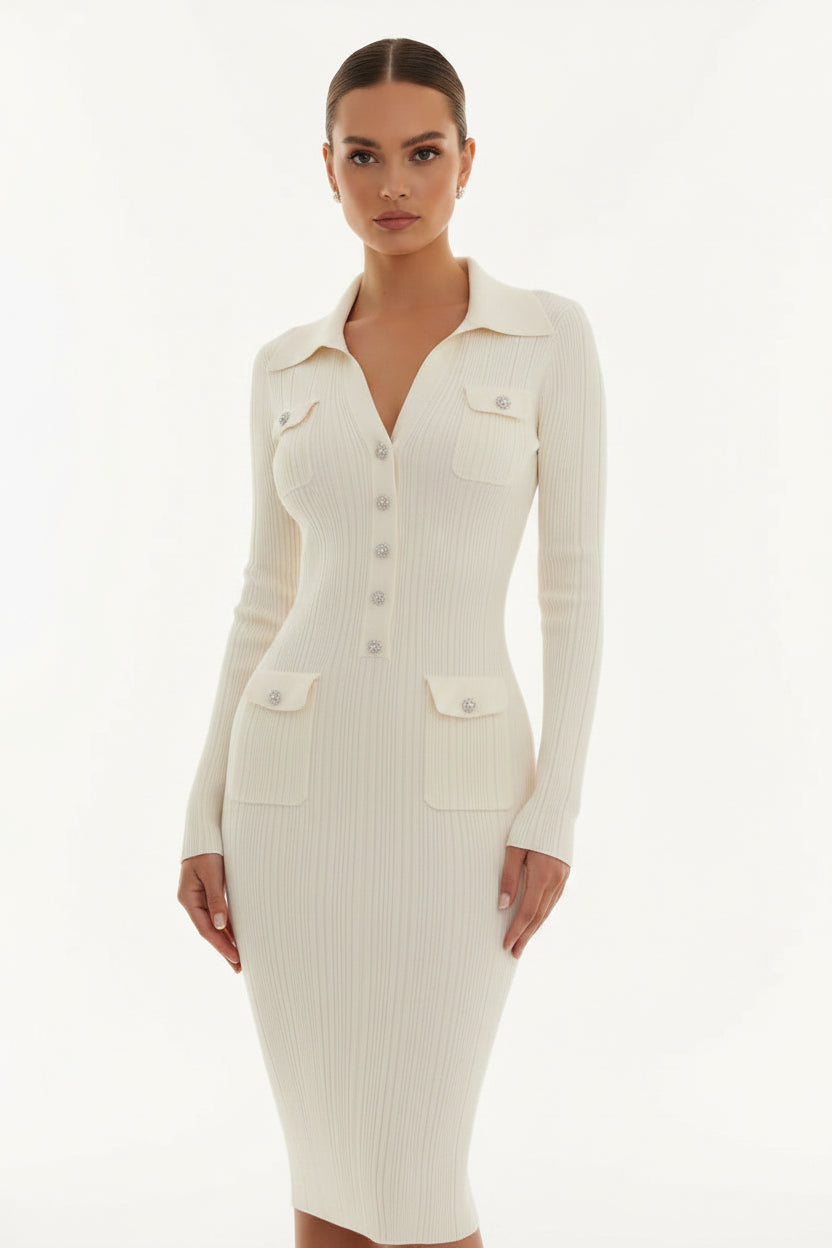 Robe Midi Élégante Boutons Col Chemise Manches Longues Femme | ROBEMODE