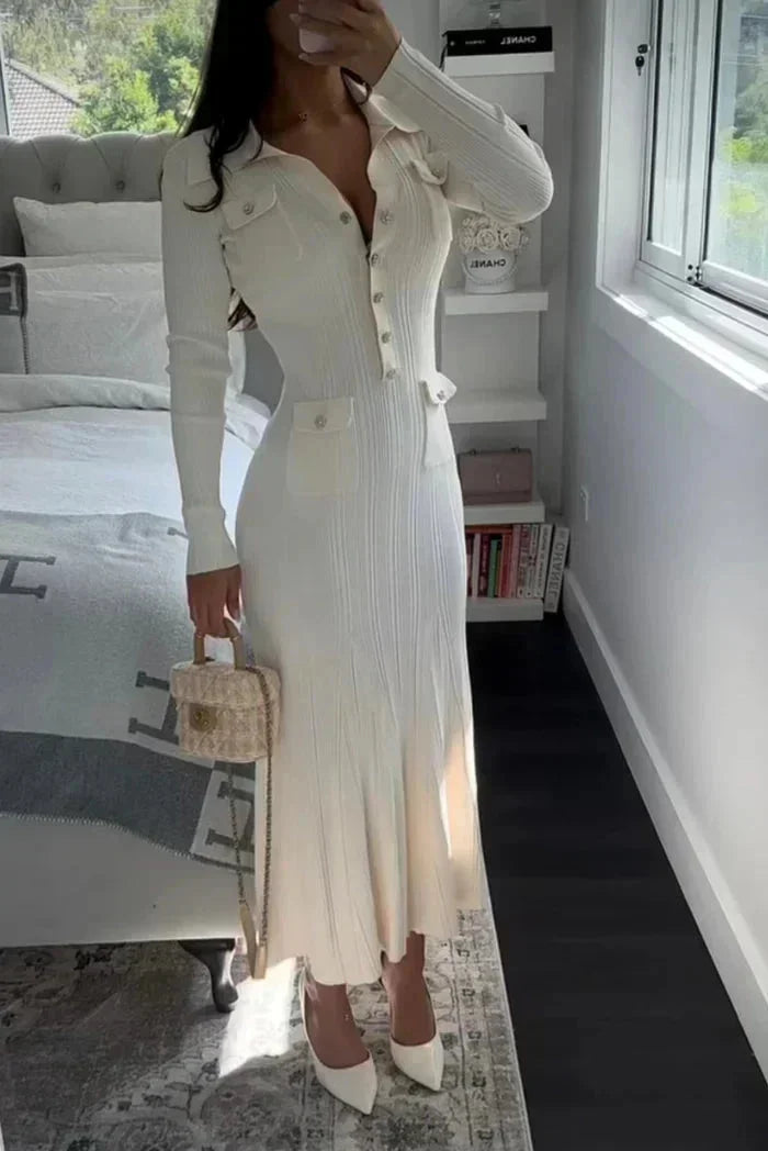 Robe Midi Élégante Boutons Col Chemise Manches Longues Femme | ROBEMODE
