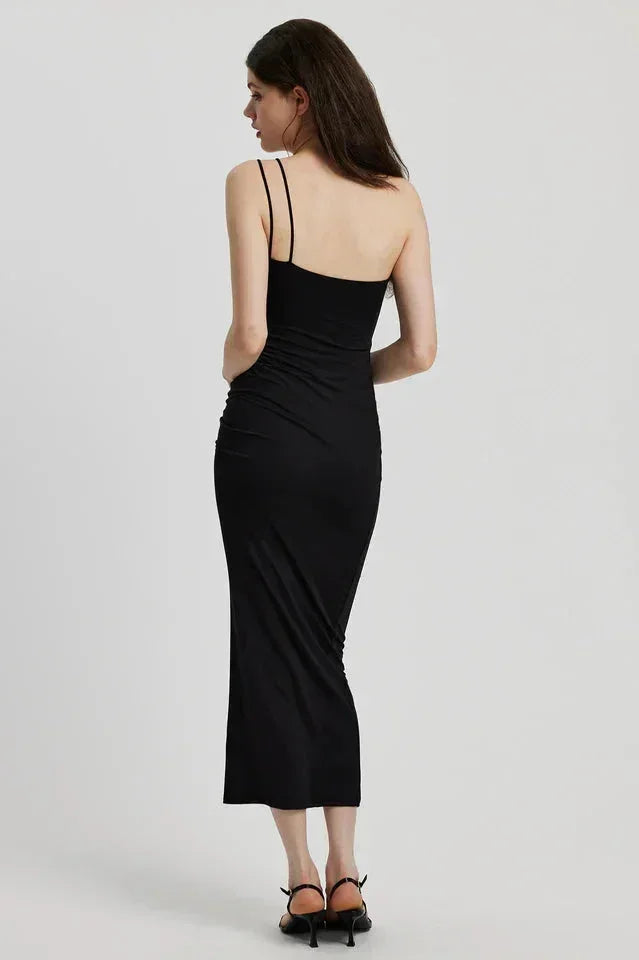 Robe midi moulante col asymétrique détail fleur | ROBEMODE
