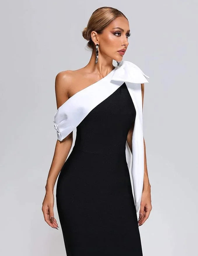 Robe Midi Noire Asymétrique Épaule Dénudée Nœud 1 Coloris | ROBEMODE
