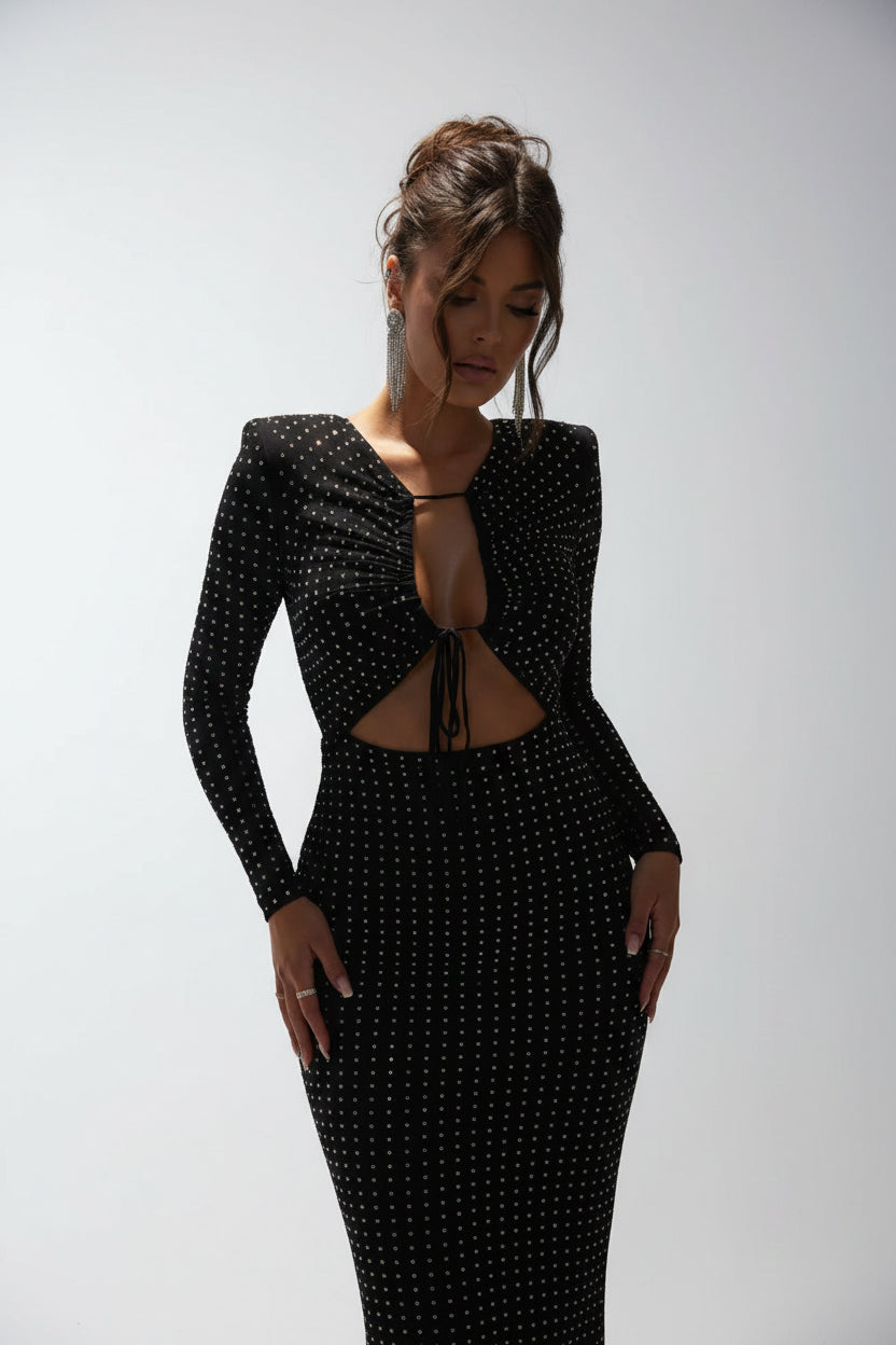 Robe Midi Noire Clous Manches Longues Découpées Rock | ROBEMODE