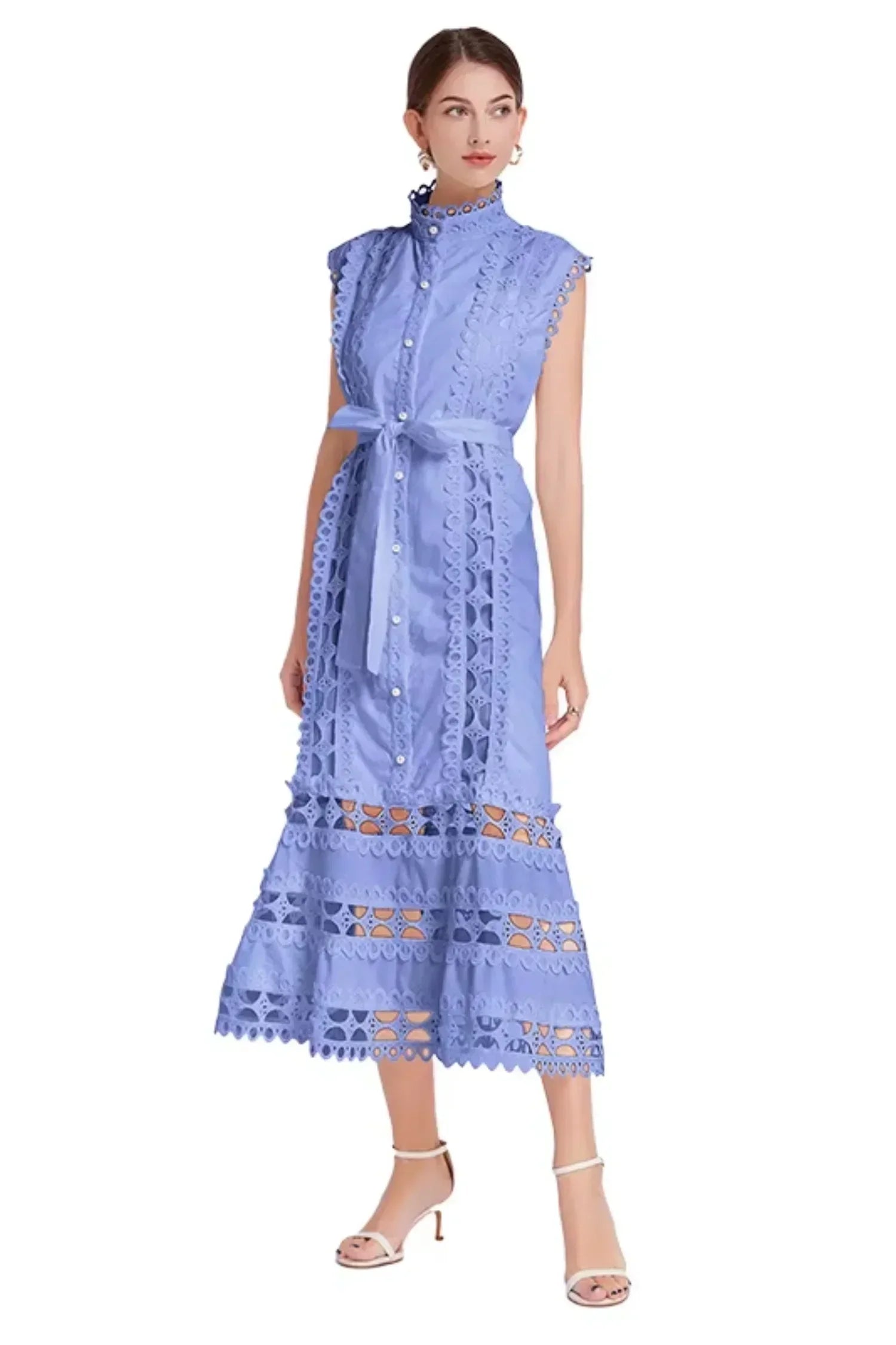 Robe midi noire sans manches avec dentelle et ceinture | ROBEMODE