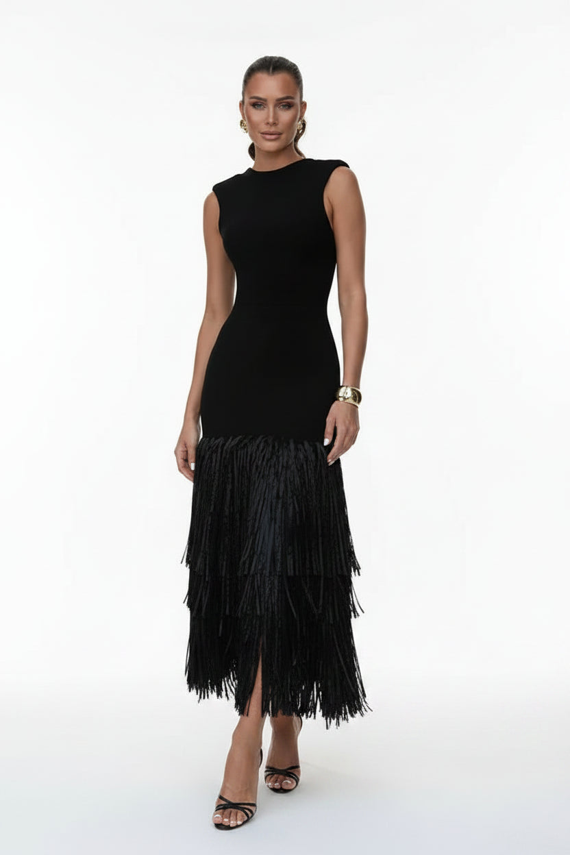 Robe Midi Noire Sans Manches Franges Bas Soirée Chic | ROBEMODE