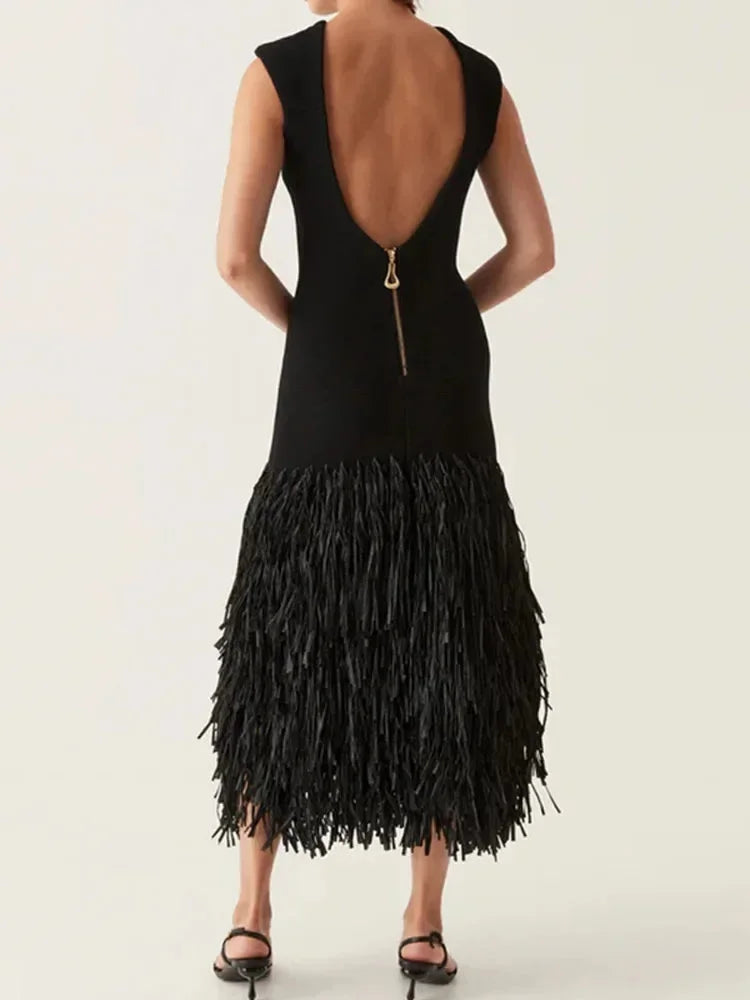 Robe Midi Noire Sans Manches Franges Bas Soirée Chic | ROBEMODE