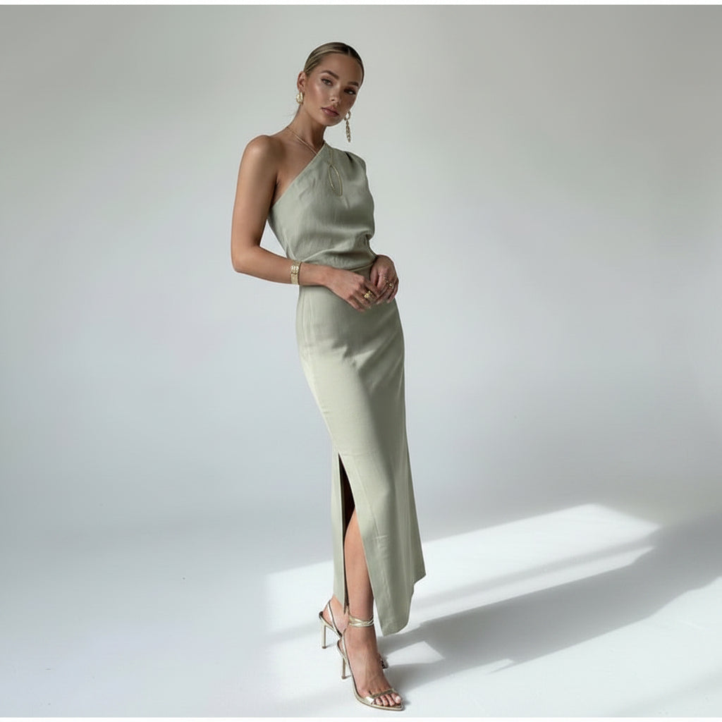 Robe midi verte une épaule avec fente élégante | Coupe féminine + Style élégant + Facile à accessoiriser – ROBEMODE