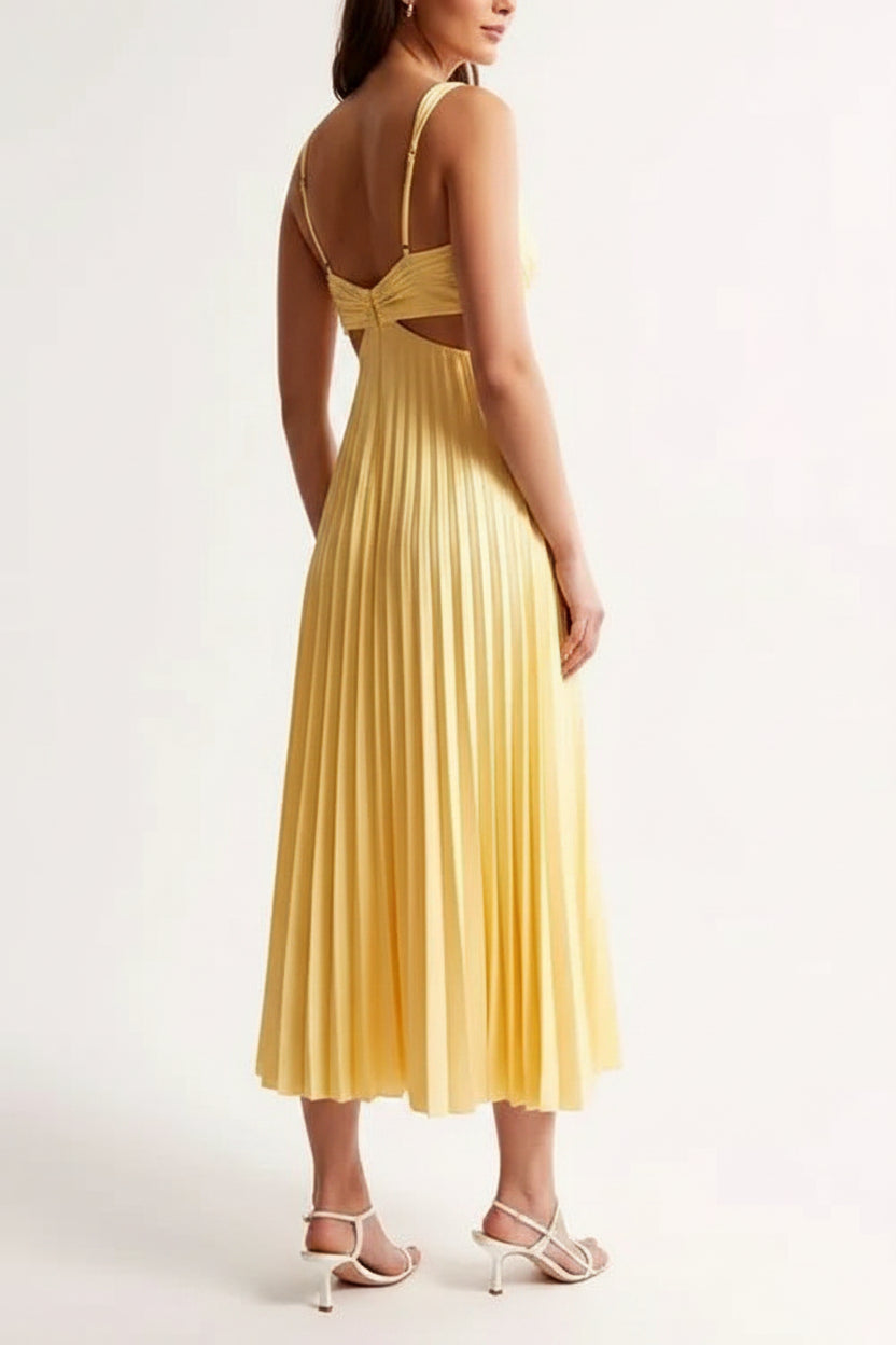 Robe Midi Plissée Femme Découpes Col V Sans Manches | ROBEMODE