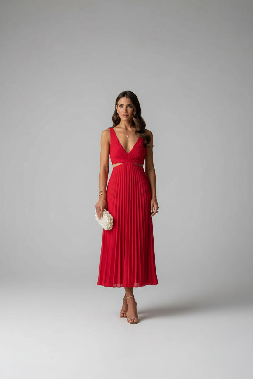 Robe Midi Plissée Femme Découpes Col V Sans Manches | ROBEMODE