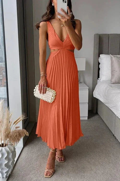 Robe midi femme plissée avec découpes col V sans manches