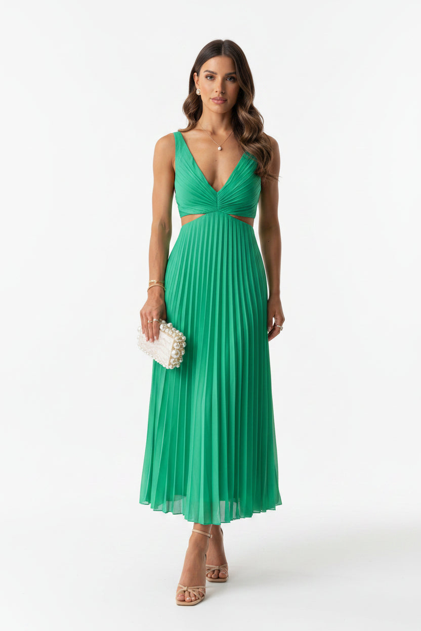 Robe Midi Plissée Femme Découpes Col V Sans Manches | ROBEMODE
