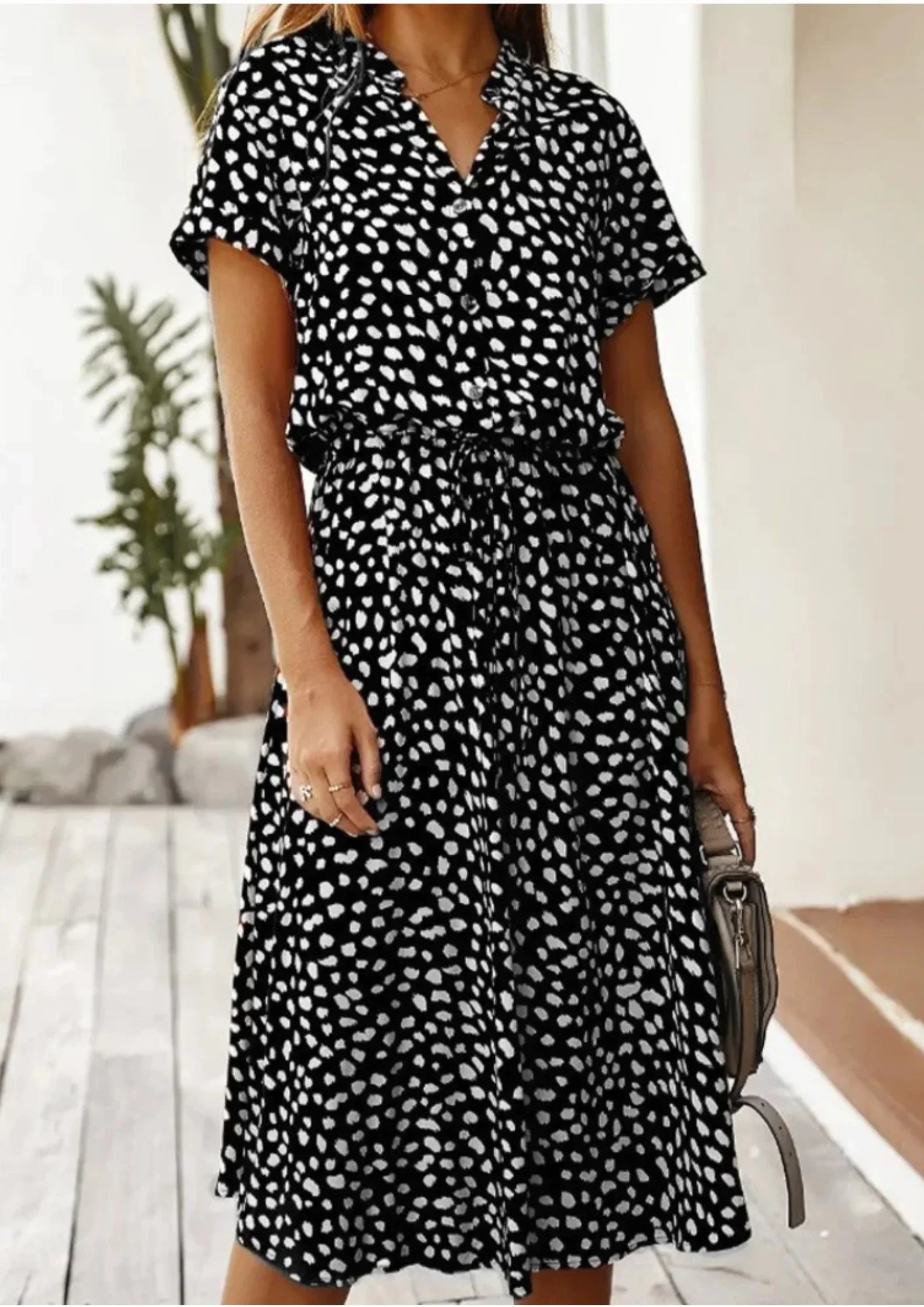 Robe Midi à Pois Lien Taille Manches Courtes Grande Taille | ROBEMODE