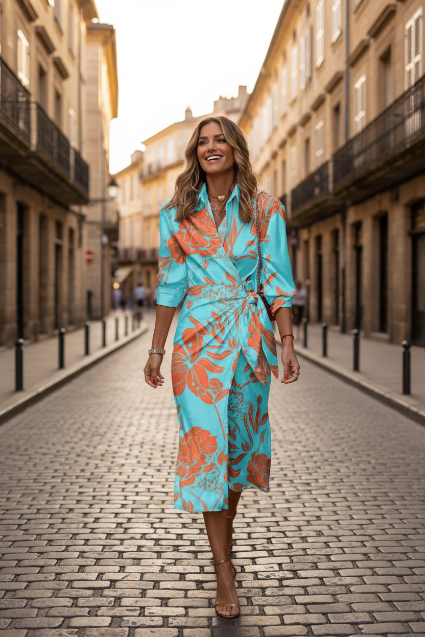 Robe Midi Portefeuille Femme Manches Longues Motifs Géométriques | ROBEMODE