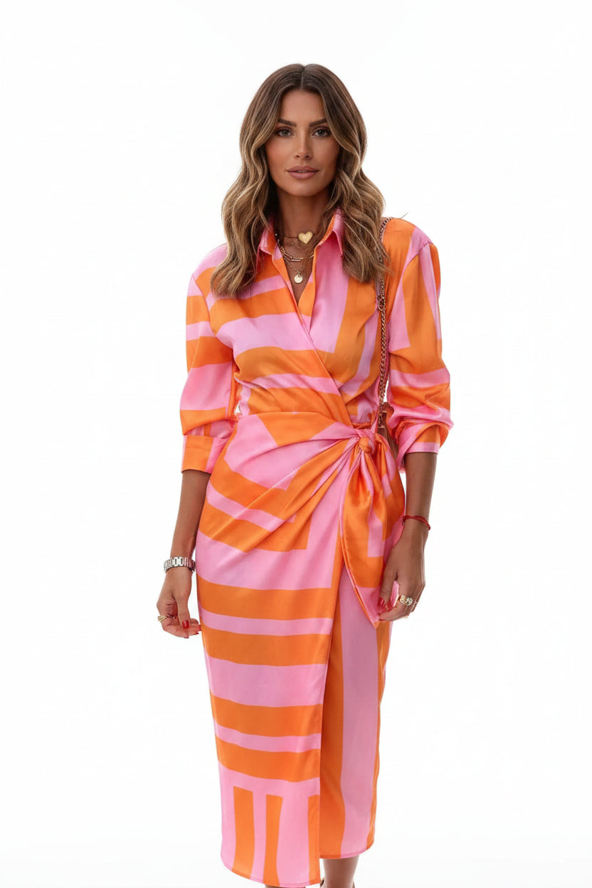 Robe Midi Portefeuille Femme Manches Longues Motifs Géométriques | ROBEMODE