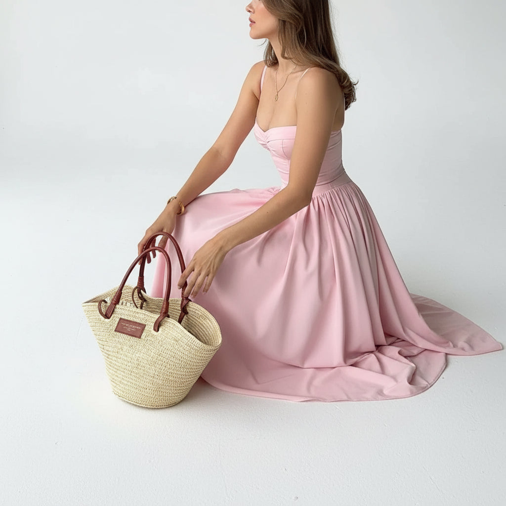 Robe midi femme rose bustier bretelles été | Coupe féminine + Style élégant + Facile à accessoiriser – ROBEMODE