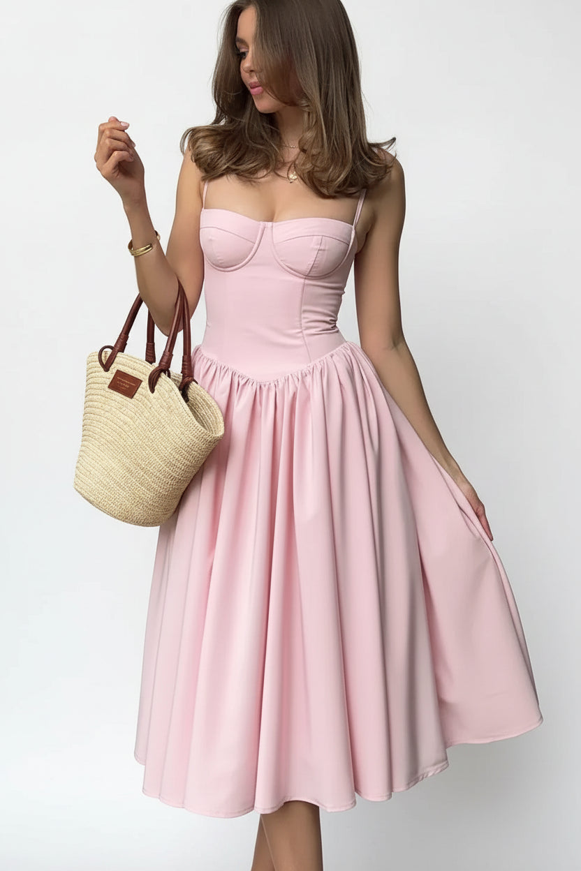 Robe midi femme rose bustier bretelles été | Coupe féminine + Style élégant + Facile à accessoiriser – ROBEMODE
