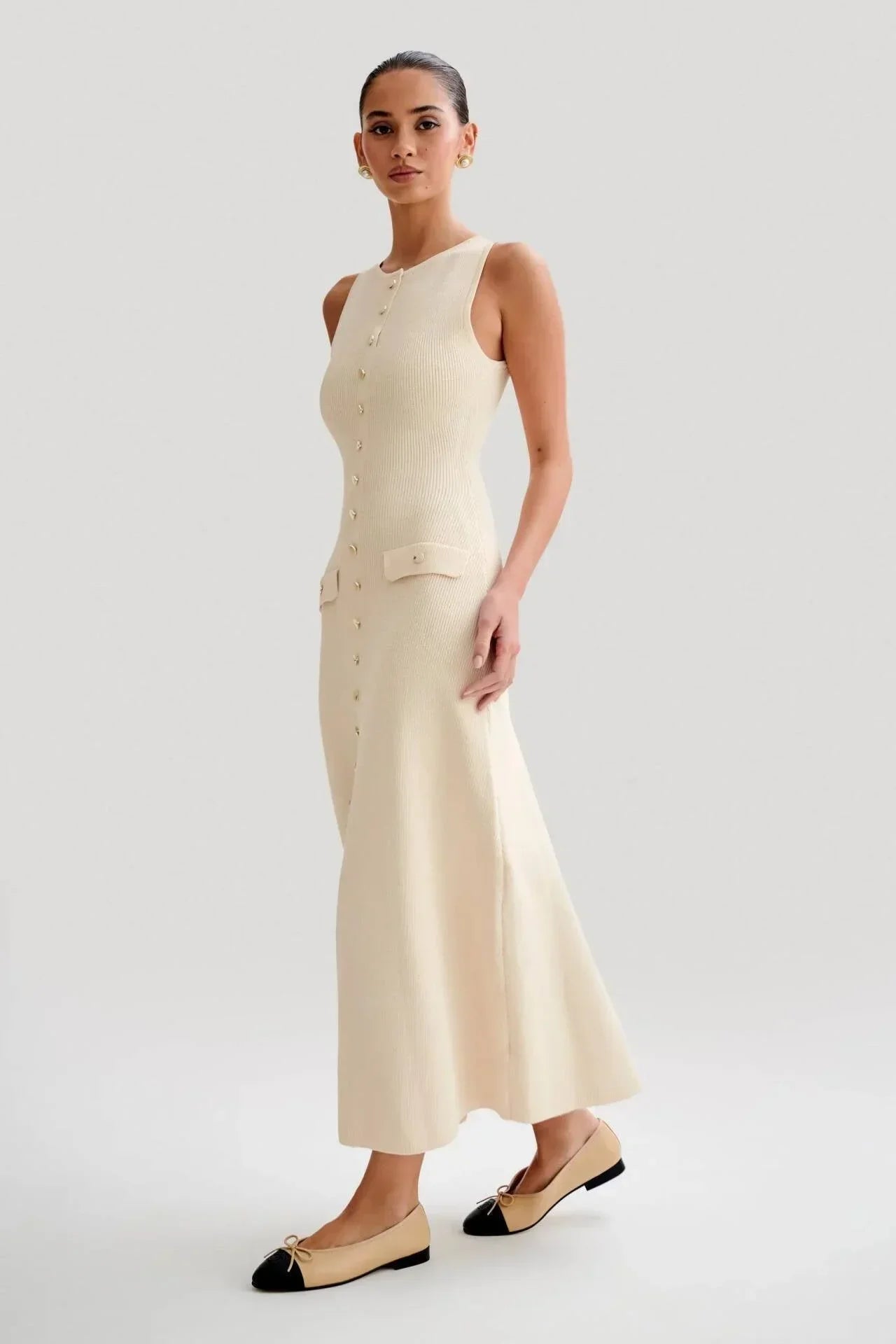 Robe Midi Côtelée Femme Boutonnée Sans Manches Poches | ROBEMODE