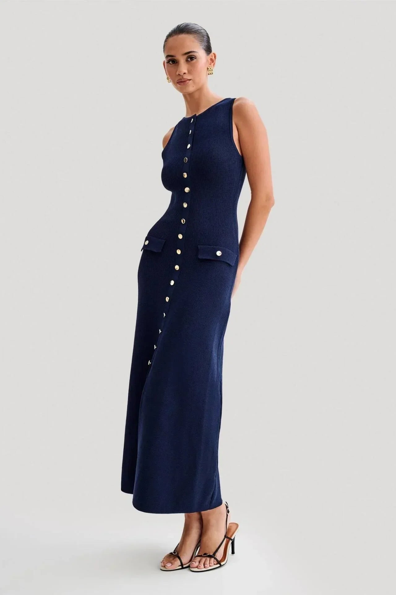 Robe Midi Côtelée Femme Boutonnée Sans Manches Poches | ROBEMODE