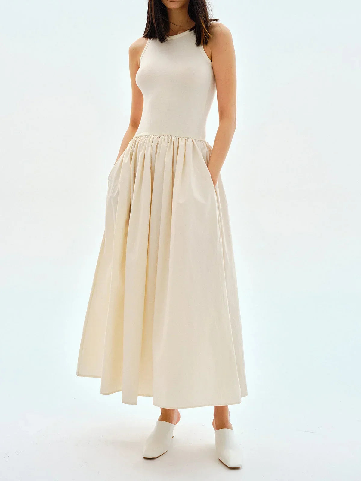 Robe Midi Sans Manches Jupe Froncée Poches 3 Coloris | ROBEMODE